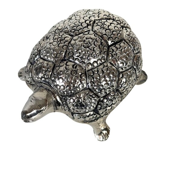 White Metal Tortoise Sculpture Embossed Silver Tone Nautical Beach Home Decor - Picture 5 of 13